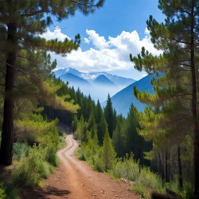 Dirt Road Through Pine Forest Mountains