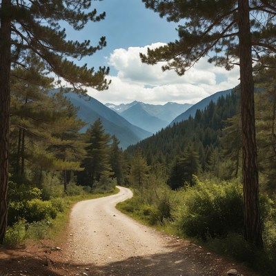 Winding Dirt Road Through Pine Forest Valley