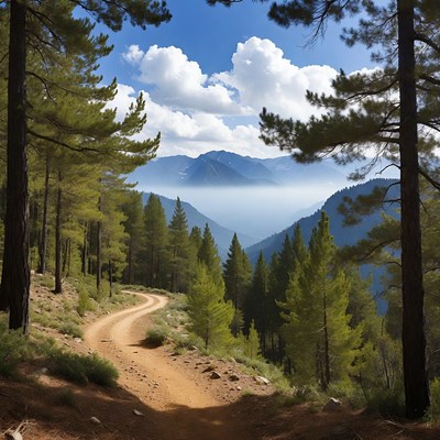 Dirt Path Through Pine Forest Mountains