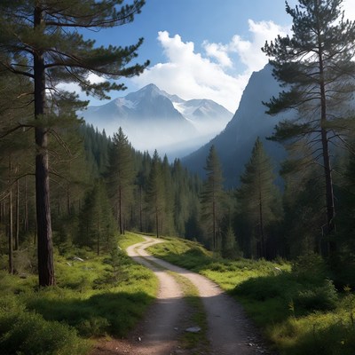 Winding Dirt Path in Pine Forest Mountains