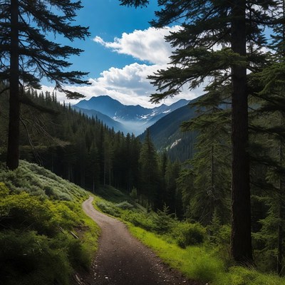 Dirt Trail Through Pine Forest Mountains