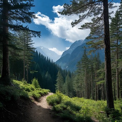 Forest Trail in Snowy Mountains