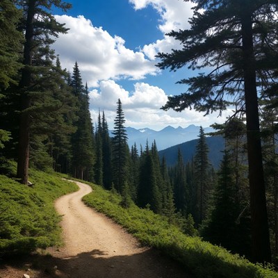 Winding Dirt Trail in Pine Forest Mountains