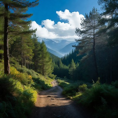 Dirt Path Through Pine Forest Mountains