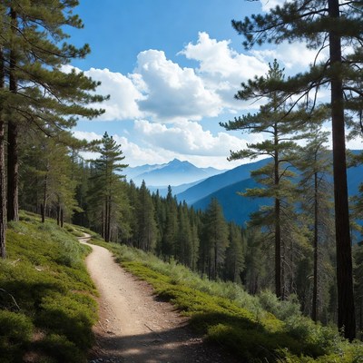 Winding Trail Through Pine Forest Mountains