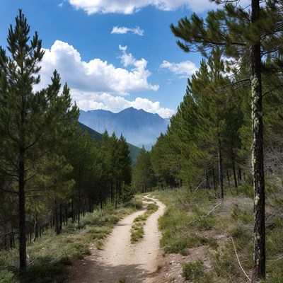 Winding trail through pine forest mountains