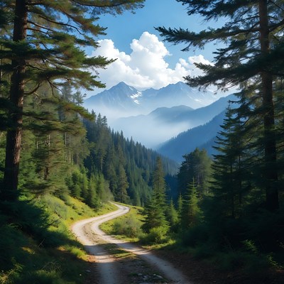 Winding Dirt Road Through Pine Forest Mountains
