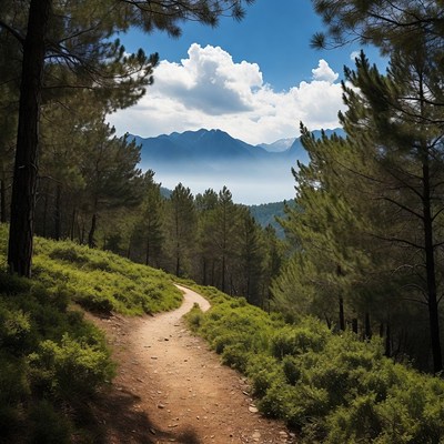 Dirt trail through pine forest mountains
