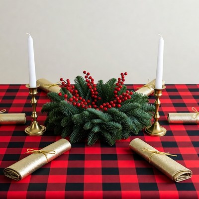 Christmas Holly Centerpiece on Plaid Table