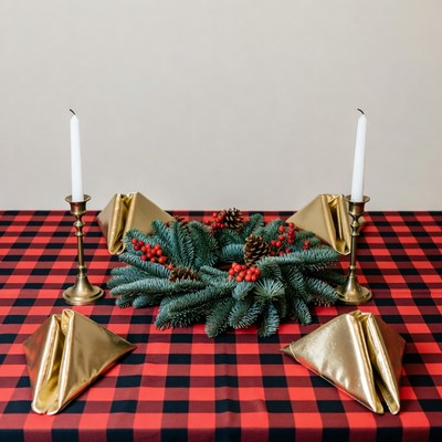 Christmas Wreath with Candles on Plaid Table