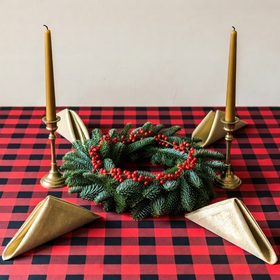 Christmas wreath with candles on plaid table