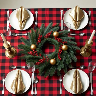 Christmas wreath on checkered table
