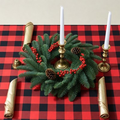 Christmas Wreath with Candles on Plaid Table