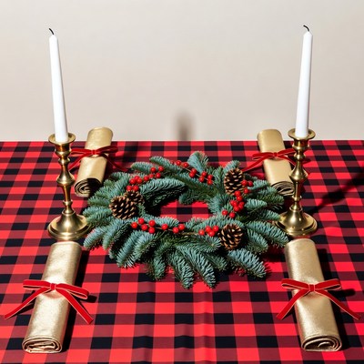 Christmas Wreath on Plaid Table