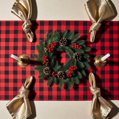 Christmas Wreath on Plaid Table