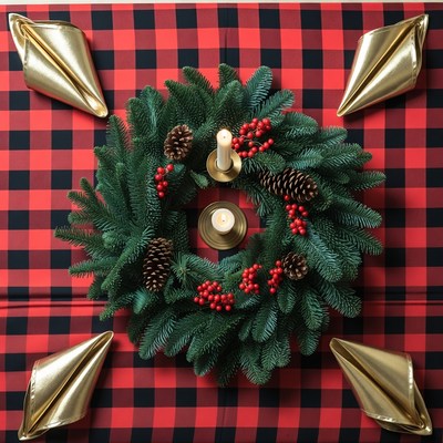 Christmas wreath on plaid table