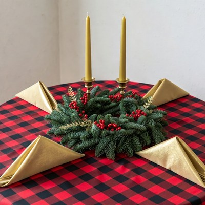 Christmas Wreath with Candles on Plaid Table
