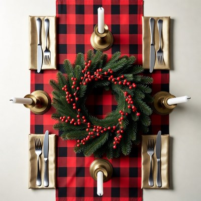 Christmas Wreath on Plaid Table Setting