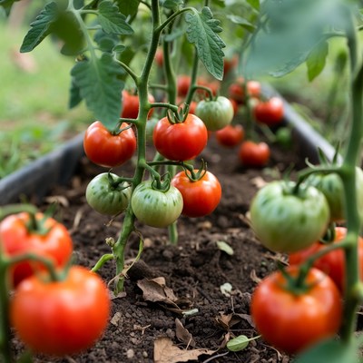 Ripe tomatoes on plants in garden