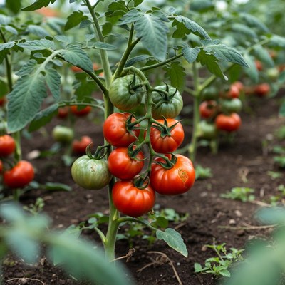 Ripe tomatoes on green plants