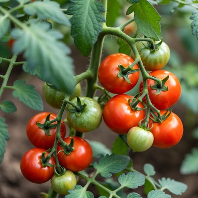 Ripe tomatoes on green plant