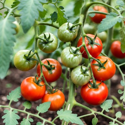 Ripe tomatoes on green plant