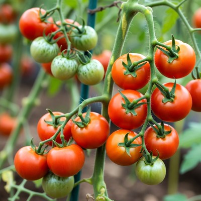Ripe tomatoes on green vine
