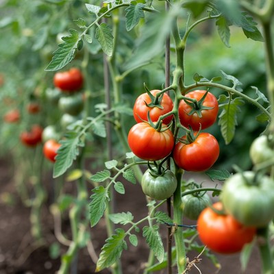 Ripe tomatoes on plants in garden