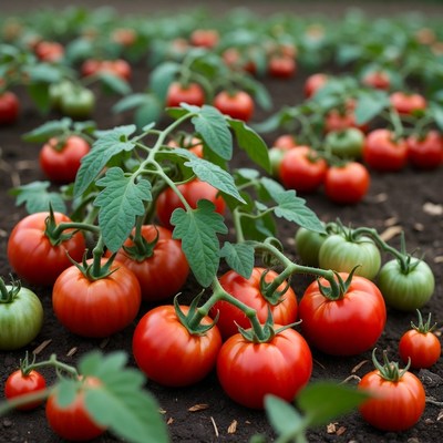 Ripe Tomatoes on Plants in Field