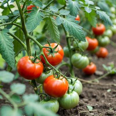 Ripe tomatoes on green plant