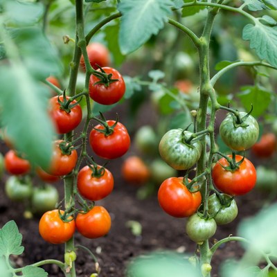 Ripe tomatoes on green plant stems