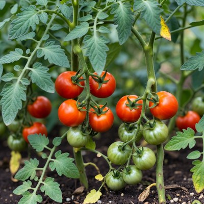 Ripe tomatoes on green plant