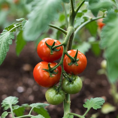 Ripe tomatoes on green plant