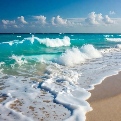 Turquoise Ocean Waves Crashing on Beach