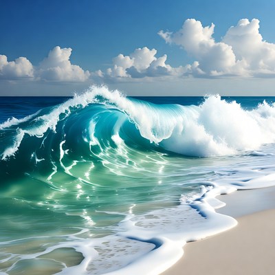 Massive turquoise ocean wave crashing on beach