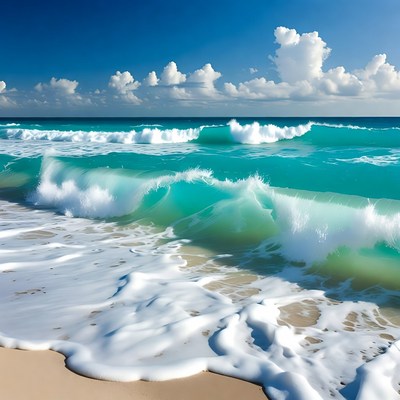 Turquoise Ocean Waves Crashing on Beach