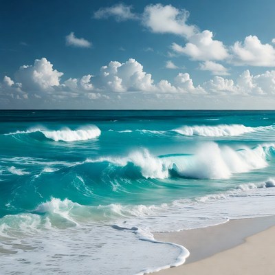 Turquoise Ocean Waves Crashing on Beach