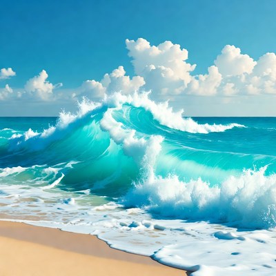 Massive turquoise wave crashing on beach