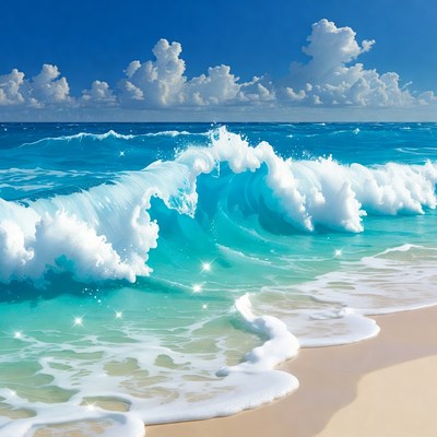 Turquoise Ocean Wave Crashing on Beach