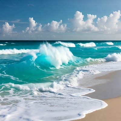 Turquoise Ocean Waves Crashing on Beach