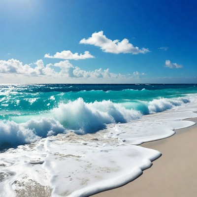 Turquoise Ocean Waves Crashing on Beach