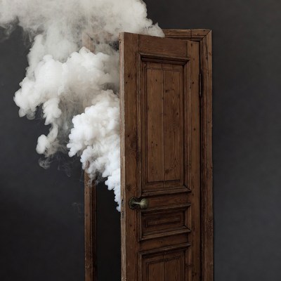 Smoke billowing from open wooden door