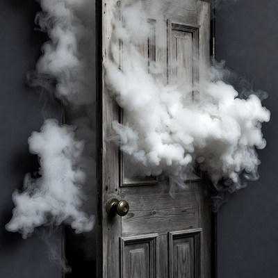Smoke billowing from open wooden door