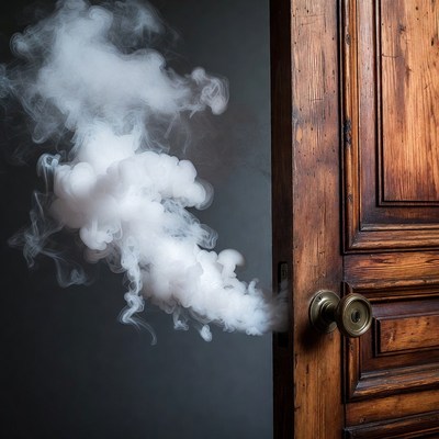Smoke billowing from open wooden door