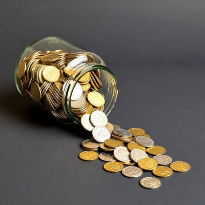 Glass Jar Overflowing with Coins
