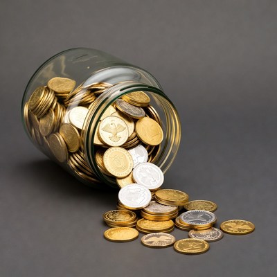 Gold and Silver Coins Pouring from Jar