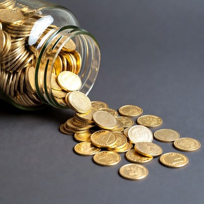 Gold Coins Pouring from Glass Jar
