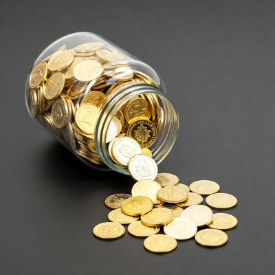 Gold Coins Pouring from Glass Jar