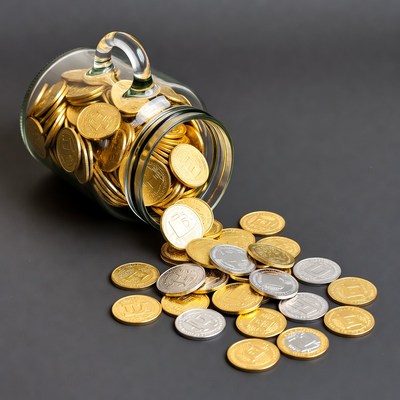 Gold Coins Pouring from Glass Jar