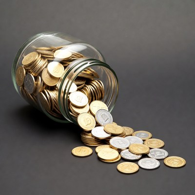 Glass Jar Spilling Gold Silver Coins